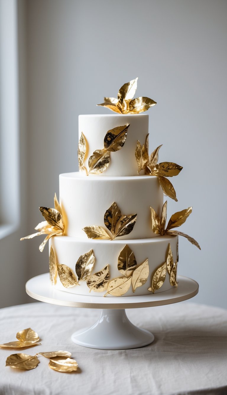 A two-tier wedding cake decorated with metallic gold leaf on a white cake stand.